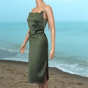 Elegant Green Midi Dress with Pearl Straps
